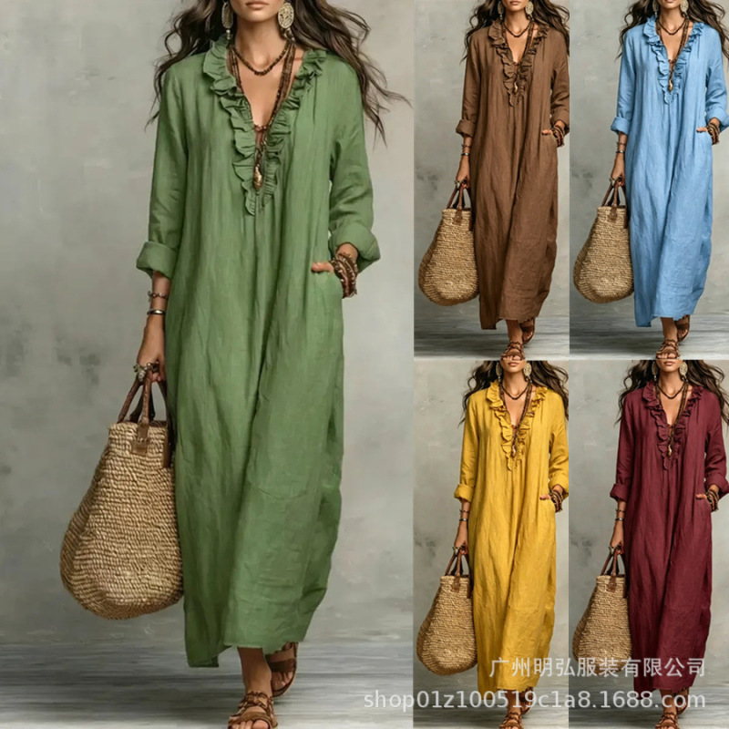 European and American Independent Site Amazon 2026 Autumn New Bohemian Long-Sleeve Lace Collar Floor-Length Dress European and American Independent Site Amazon 2026 Autumn New Bohemian Long-Sleeve Lace Collar Floor-Length Dress