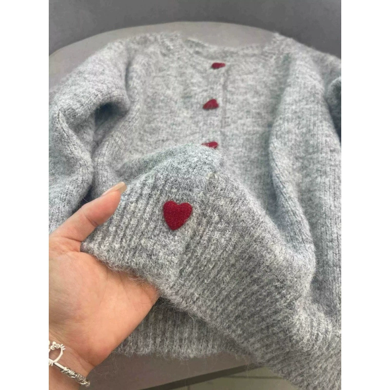 Oversized sweater jacket cardigan, round collar, gray knit with red heart buttons, cozy autumn fit