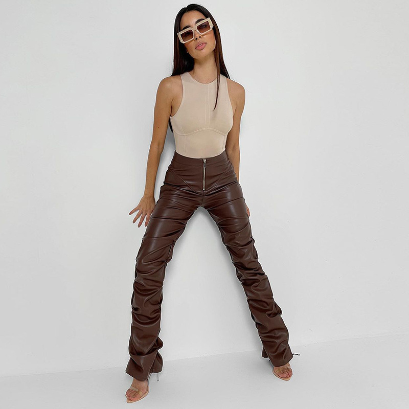High Waist Pleated Slim Beam Feet Pu Leather Trousers NSYOM111866