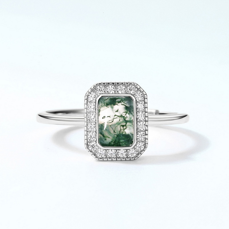 Anillo de ágata de hierba de agua natural cuadrada de nuevo estilo transfronterizo S925 anillo de apertura de piedra de musgo verde con incrustaciones de plata Personalización de moda