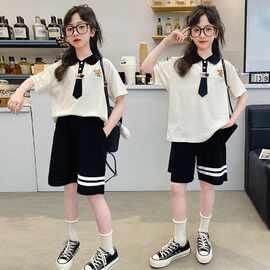 网红女童夏装套装中大童夏季卡通休闲时尚纯色短袖上衣下裤两件套