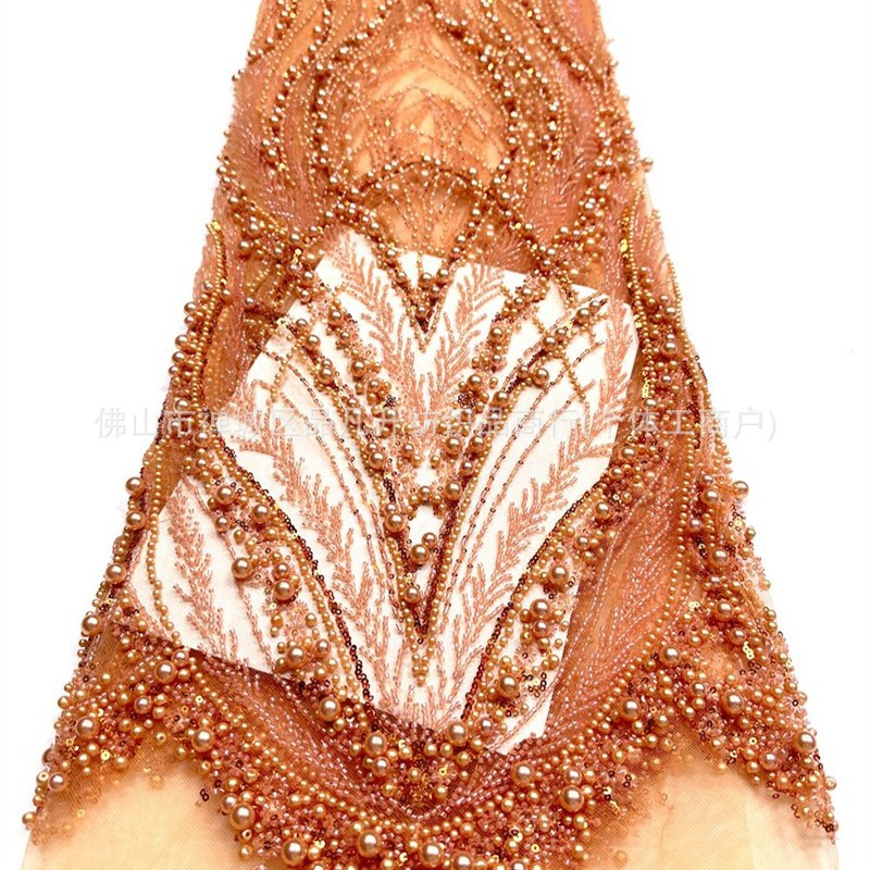 Peacock Feather Heavy Duty Pearl Pipe Mesh Fabric Fonytail Clavado a mano Beads Fishtail vestido de boda tela