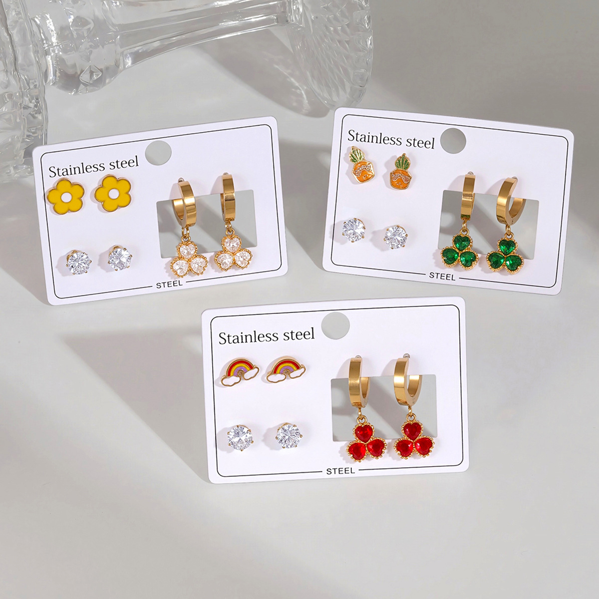 Stainless Steel Clover Earrings Set Red Green Gemstone Earrings Cross-Border Titanium Steel Gold-Plated Earrings for Women