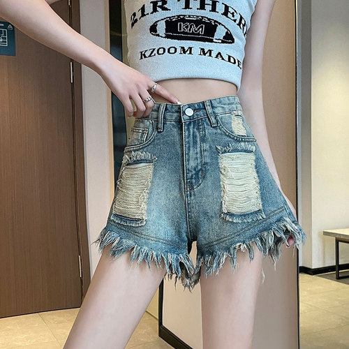Women's Summer Retro High-Waisted ripped denim shorts with frayed edges, distressed loose wide-leg A-line hot pants, trendy Insta style