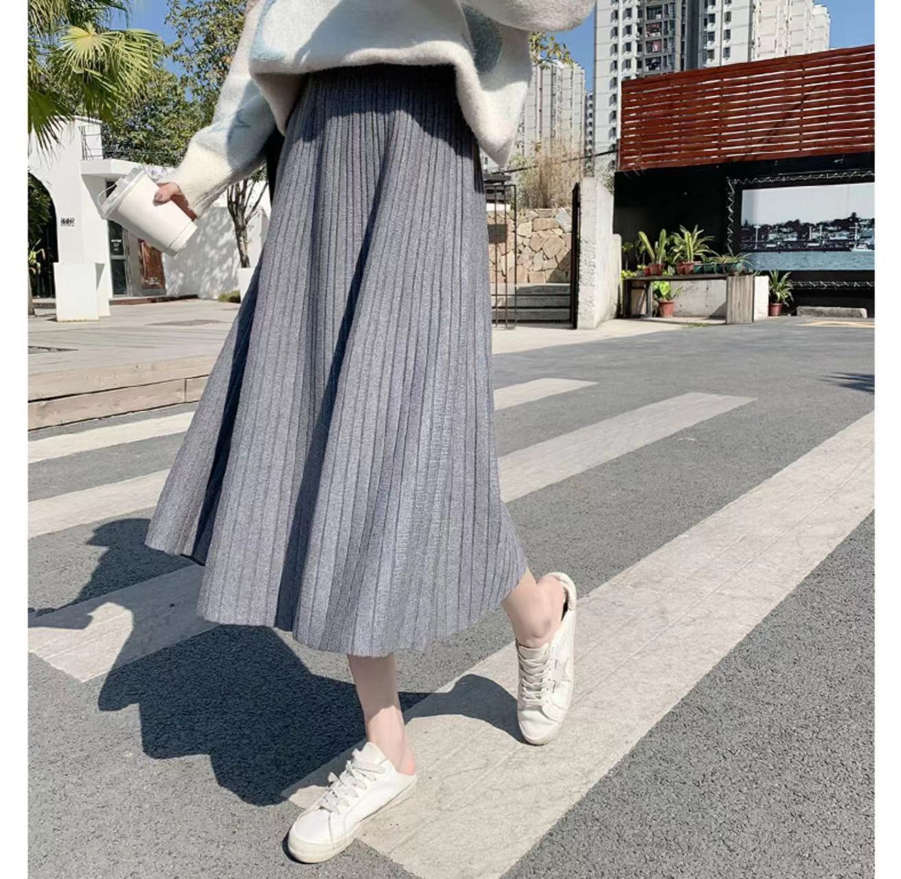 High-Waisted A-Line Skirt – Flared Midi Pleated Skirt (Black/Gray/Beige/Khaki, One Size)_ecoleips.com