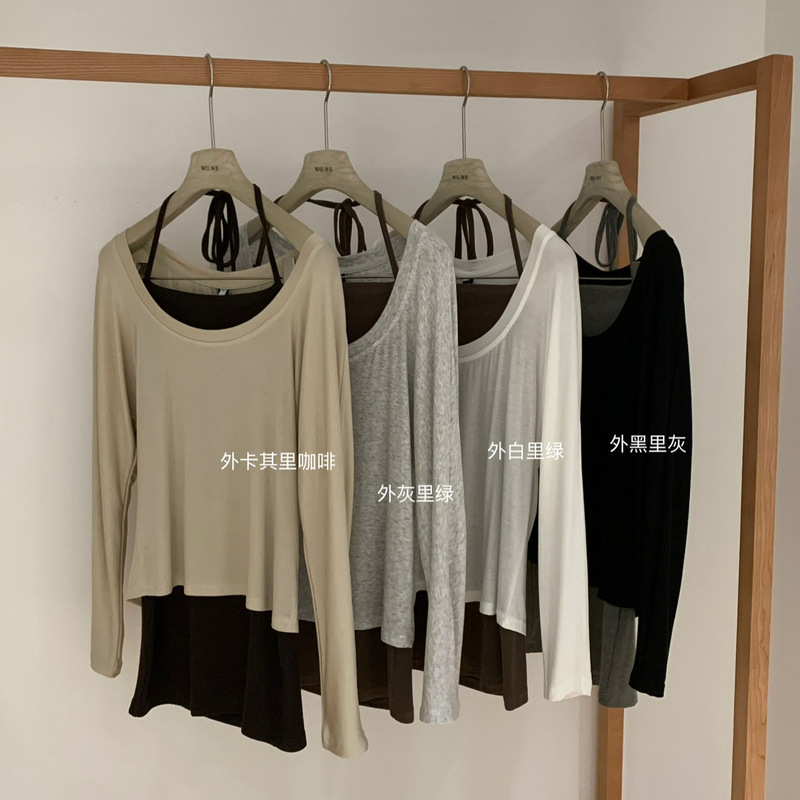 WGWE7001十三行女装2025秋新款U领长袖上衣挂脖吊带连衣裙两件套|undefined