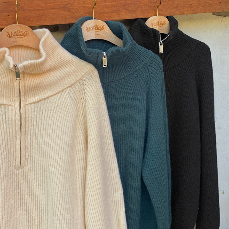 Suéter de collar de cremallera de viento perezoso de mujeres otoño invierno suelto polo cuello de manga larga camisa de punto chaqueta exterior