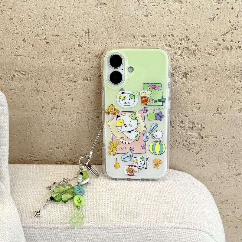 Divertida ilustración de gatito verde lindo para Apple 15/14 funda para teléfono iphone16ProMax femenino 15Pro