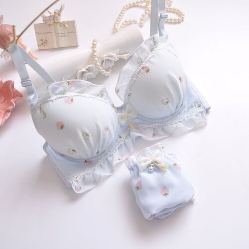 Long-term Japanese two-color water-soluble embroidered film cup without rims fresh girl cute push-up underwear bra set