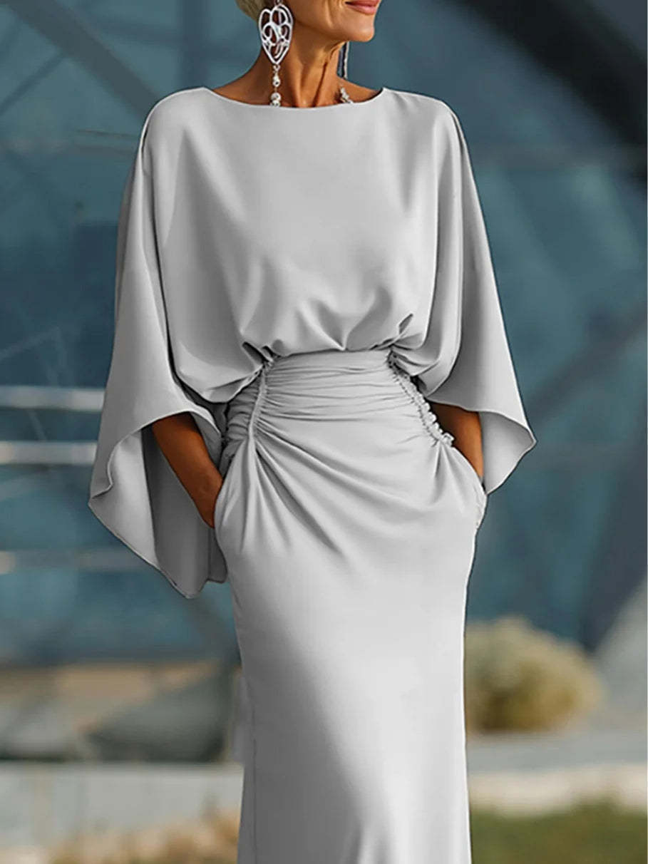 Elegant Backless Pleated Long Dress For Women American Style Slim Fit With Pockets New In Stock_ecoleips.com