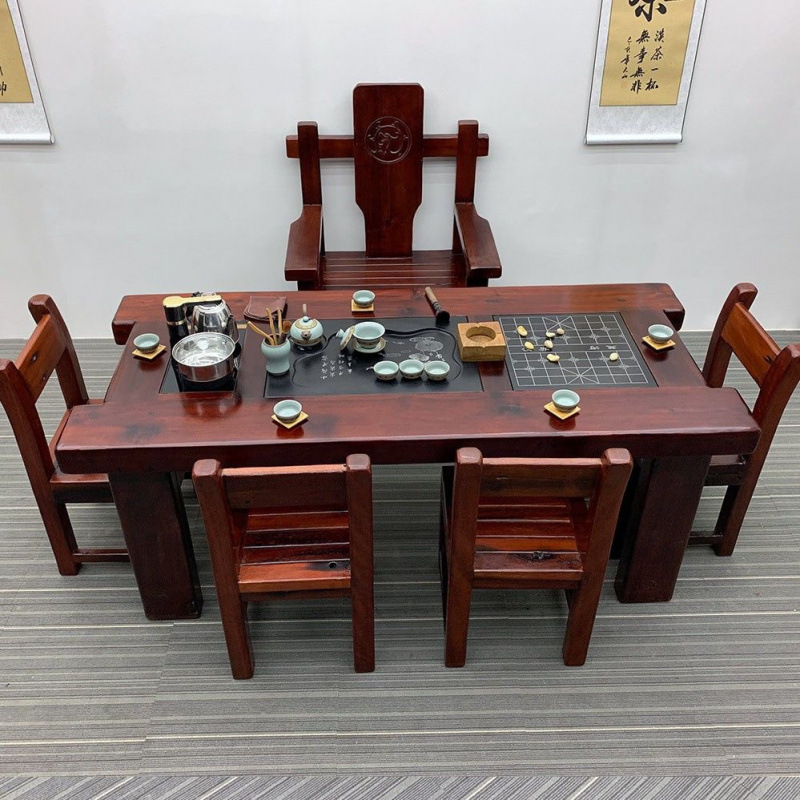 Mesa de té de madera de barco viejo, mesa y silla combinada de kung fu, mesa de té de sala de estar de madera maciza doméstica de estilo chino, conjunto de mesa de té de oficina integral