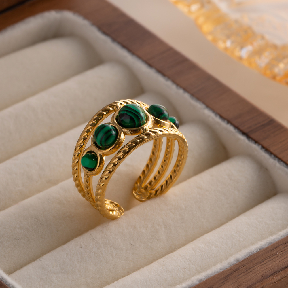 Retro Round Stainless Steel Plating Hollow Out Inlay Malachite Open Ring 1 Piece