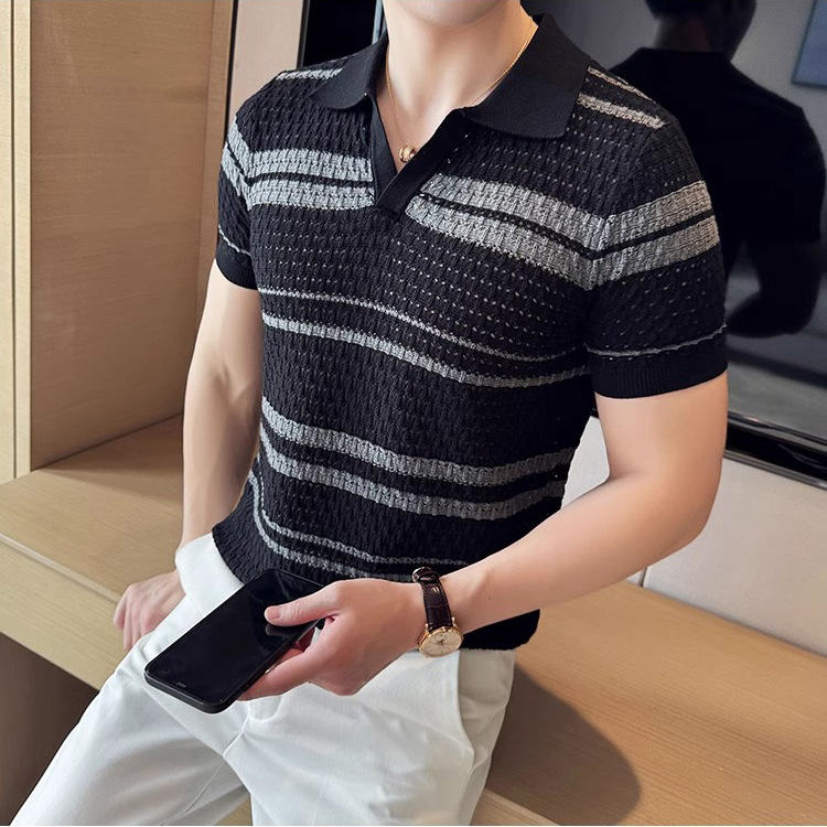 Verano nuevo estilo suéter de manga corta camisa POLO a rayas huecas para hombre camiseta de seda de hielo de negocios con cuello en V comercio exterior al por mayor transfronterizo