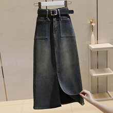 复古牛仔半身裙女中长款秋冬新款宽松显瘦开叉字包臀裙长裙