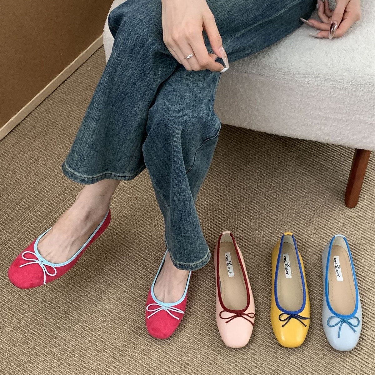 莱宝女鞋甜美糖果色芭蕾舞平底鞋春夏韩版浅口豆豆鞋蝴蝶结少女鞋