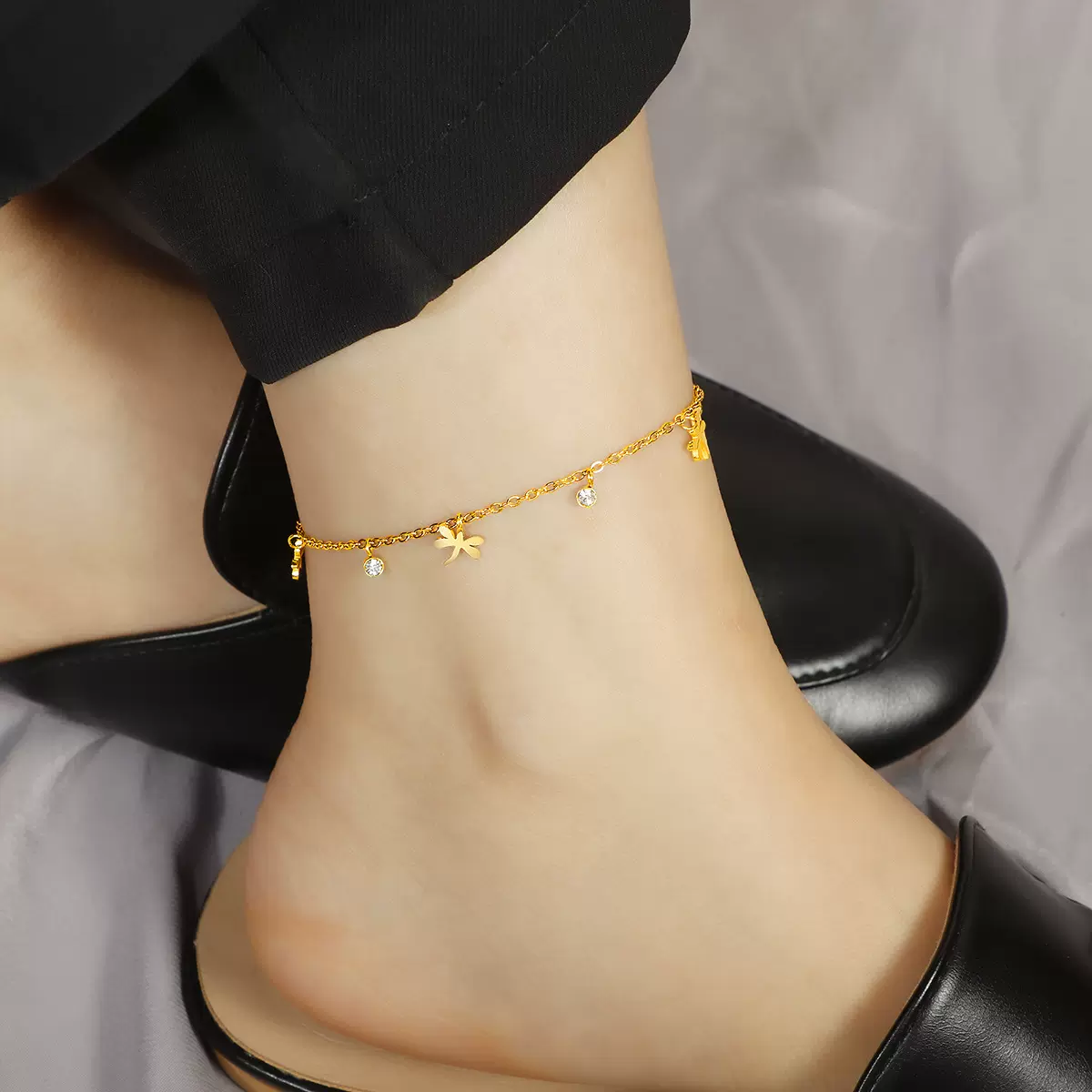 小众设计钛钢蜻蜓单钻脚链女森系个性网红足链性感露脚踝不掉色链