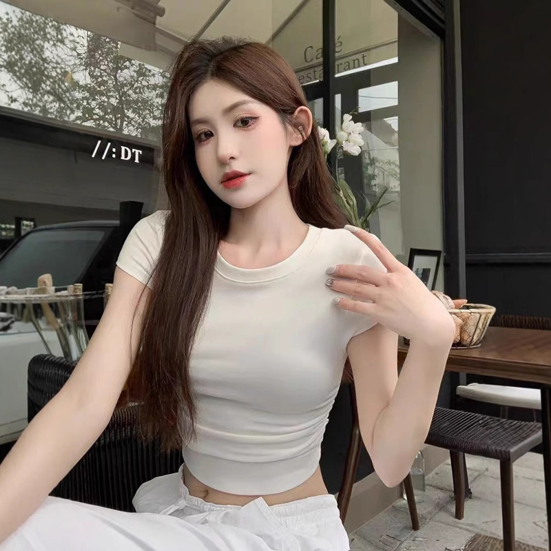 Korean Style Pleated Round Neck Short-sleeved T-shirt Women's Summer Short Slim-fit Slimming Base Shirt Spice Girls Solid Color Simple Top Korean Style Pleated Round Neck Short-sleeved T-shirt Women's Summer Short Slim-fit Slimming Base Shirt Spice Girls Solid Color Simple Top