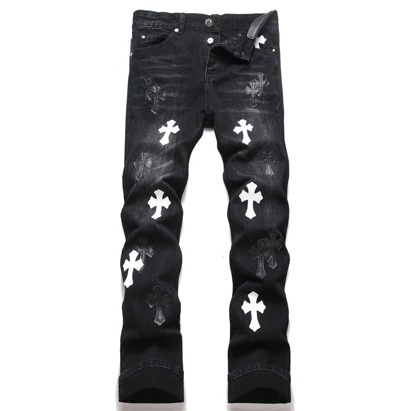 Foreign Trade Style Punk Black Heavy Craft Slim Embroidered Cross Badge Straight Non-Elastic Men's Jeans 9266