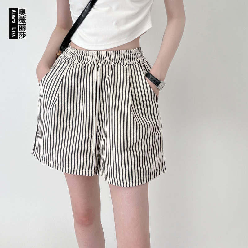 Vertical Striped Shorts for Women, Trendy A-Line Pants, Casual Home Sleepwear, Loose Outerwear Wide-Leg Pants, Knee-Length Beach Shorts