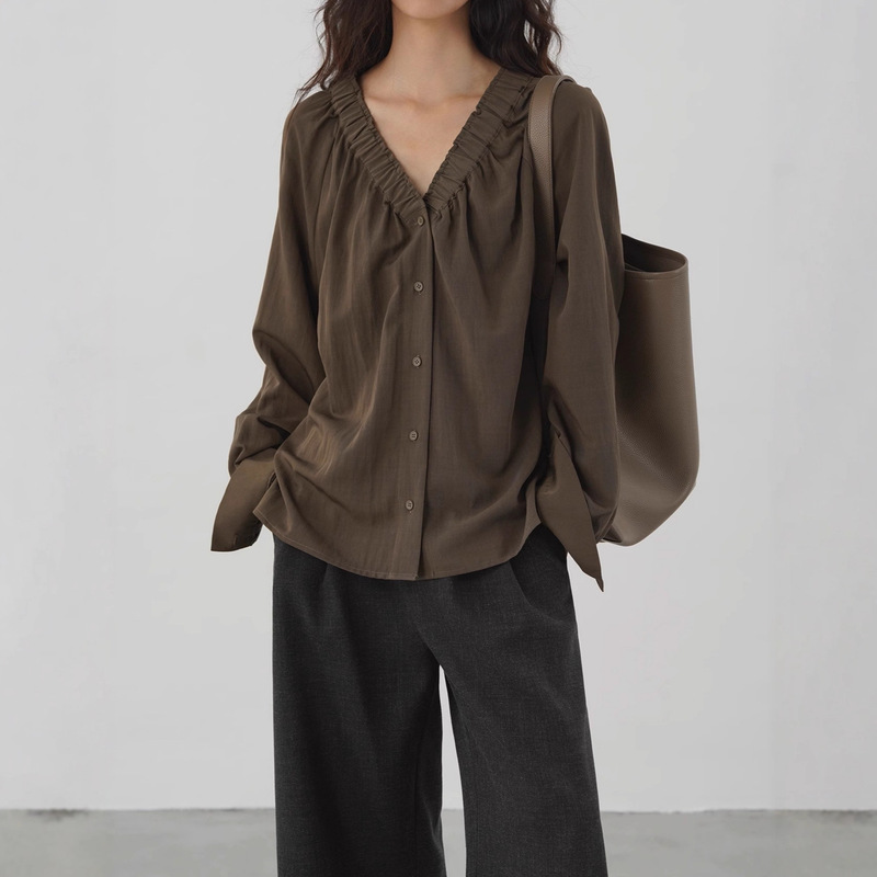 Eightmonth Dark Brown Korean V Neck Pleated Shirt Loose Lantern Sleeve Buttoned Work Clothing Layered Shirt