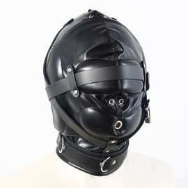厂家直供SM皮带头套 遮眼漏嘴可调节男款道具 加厚皮革套头演出服