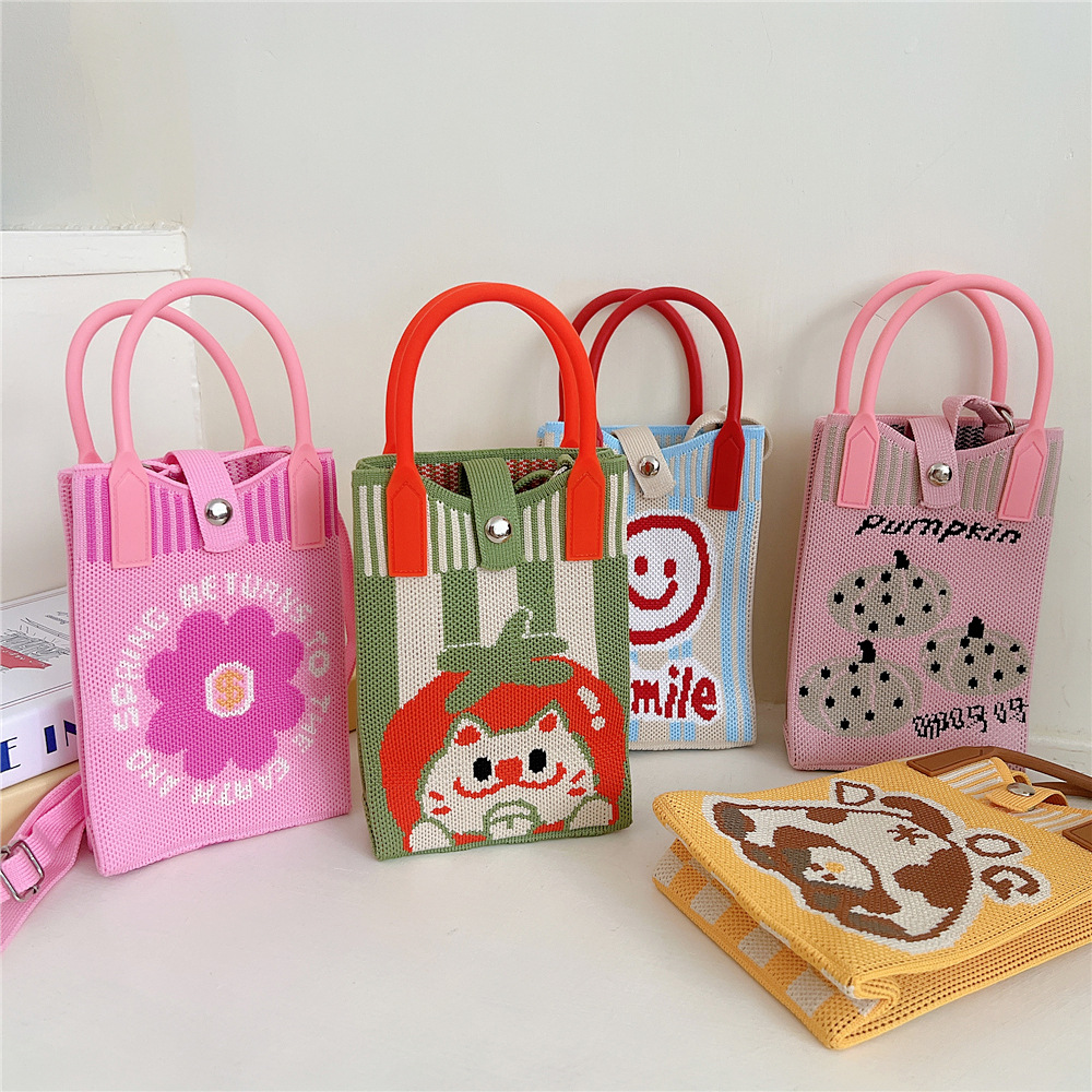108g Weight Polyester Lining Material Buckle Closure Type Top Handle Strap Type Handbag Bags Type Casual, Daily Occasion Knit Material Cat Pattern All Seasons Season Women's Gender Vintage Style, Classic Style Style Bucket Shape Small Size Women's Small Knit Cat Vintage Style Classic Style Bucket Buckle Handbag 2