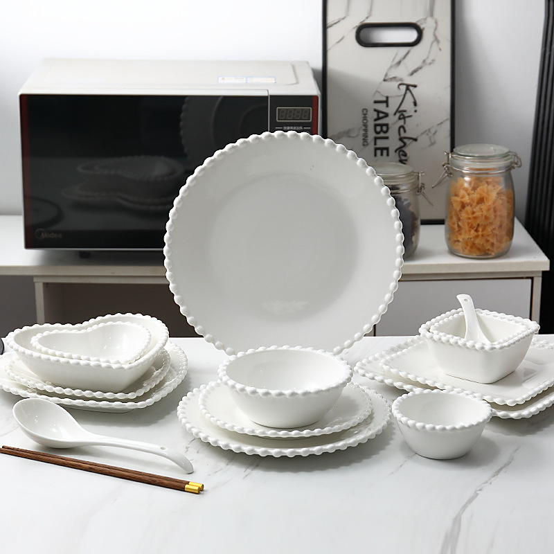 French style ing bead edge pure white ceramic tableware high color value plate dessert western salad flat plate steak plate