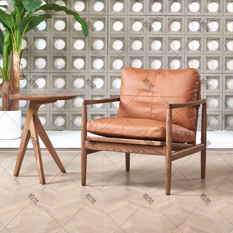 Silla de ocio de madera maciza perezosa de mediana edad, sofá individual de diseño de madera de fresno, silla Hank, silla de tienda de té con leche de café
