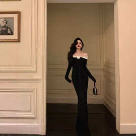 新款辣妹气质一字显瘦长袖鱼尾裙女名媛修身连衣裙礼服长裙ins潮