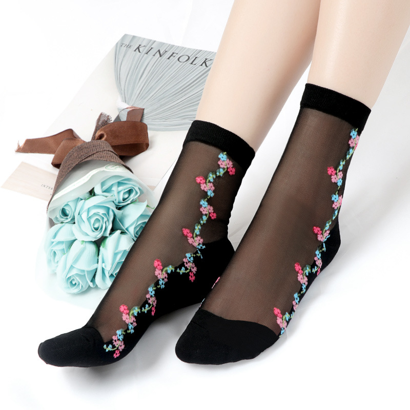 Corea del Sur moda tejida medias de cristal de flores simples medias de cristal de fondo de algodón de flores ultra-Delgado invisible media pantorrilla calcetines de mujer moda al por mayor