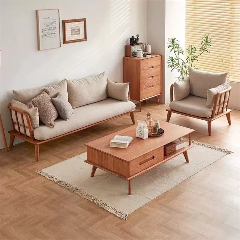 北欧樱桃木沙发全实木布艺组合家具日式沙发椅小户型客厅现代简约