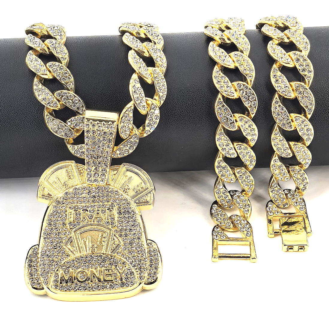 Marca de moda con diamantes letras MONEY bolsas de dinero colgante collar hombre europeo y americano hip hop collar de cadena cubano personalizado al por mayor
