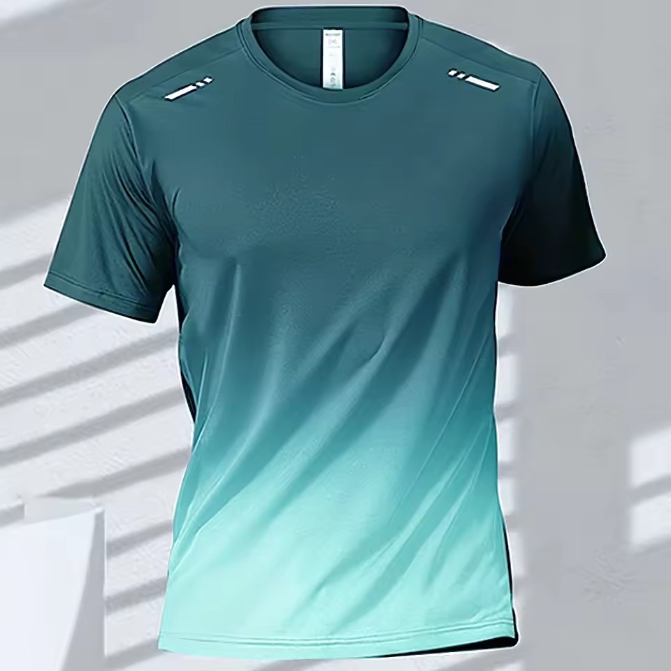 Trend gradiente 3D impresión digital para hombres deportes de verano malla suelta transpirable manga corta cuello redondo camiseta