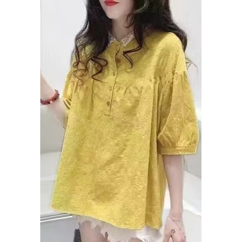 Japanese-Style Age-Reducing Jacquard Cotton and Linen Short-Sleeve Shirt for Women, Summer Loose Plus-Size Tummy-Concealing Slimming Babydoll Pullover Top