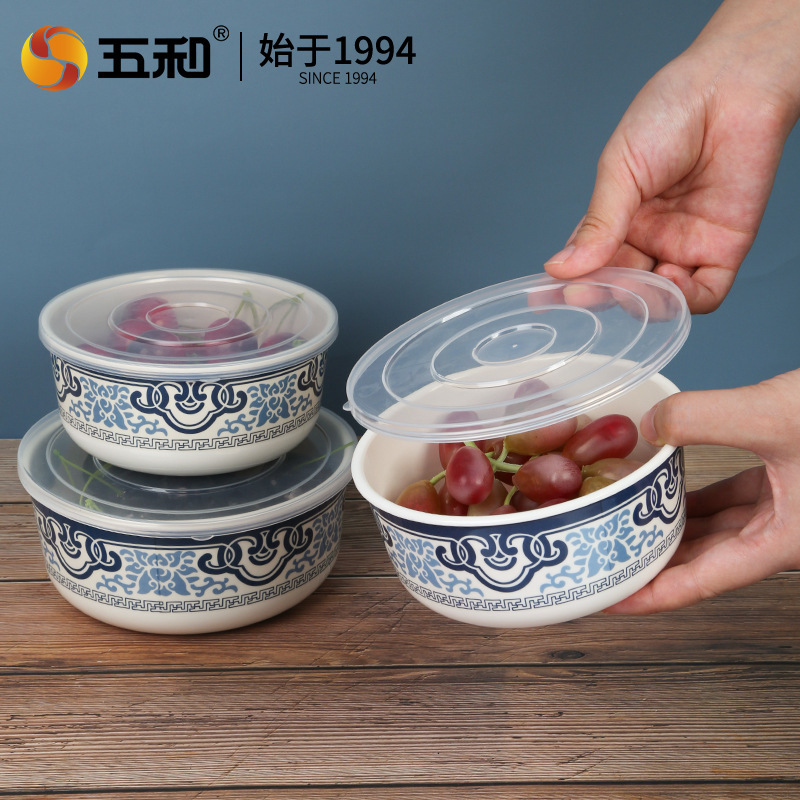 Wuhe pure melamine tableware food grade fresh-keeping bowl blue and white classic popular insulation lunch box fruit Chinese style Bowl