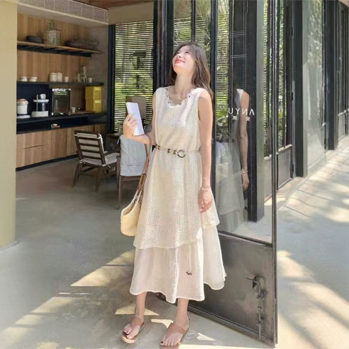 2025 Shell Decoration Lace-Panel Fake Two-Piece Mid-Length Sleeveless Dress with Belt, Elegant Summer Wear