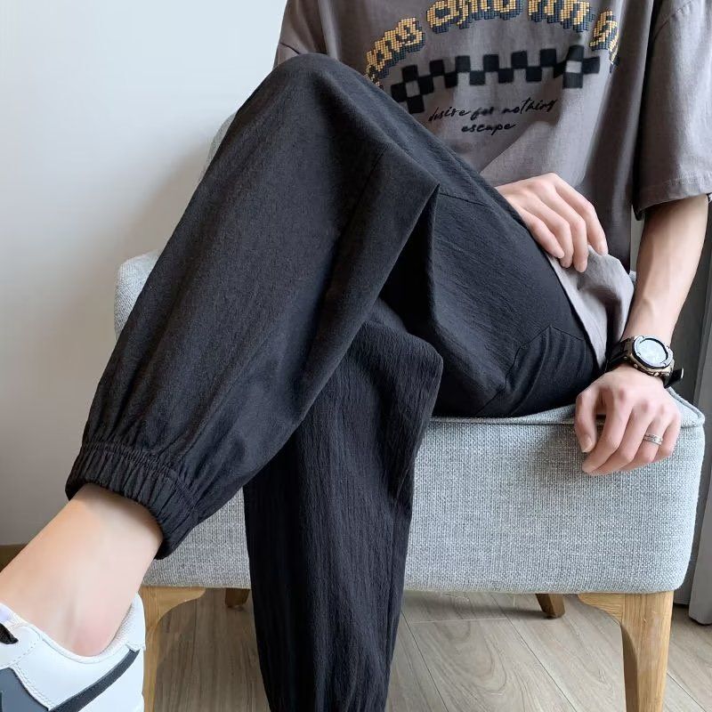 Pants men's summer thin loose trendy casual pants new cotton and linen sports pants trendy brand cropped pants ankle-tied pants