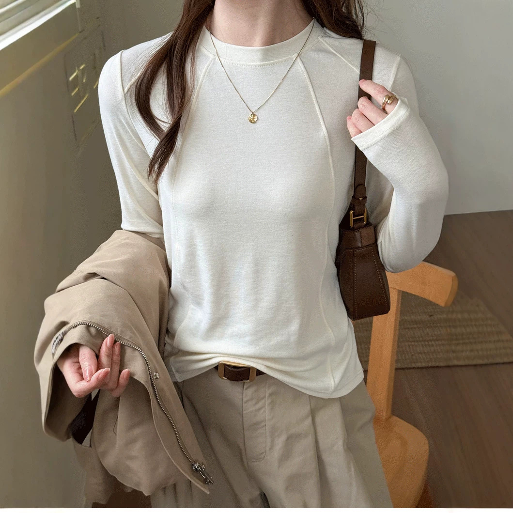 正肩休闲天丝羊毛拼接显瘦女春秋圆领百搭修身内搭上衣长袖打底衫