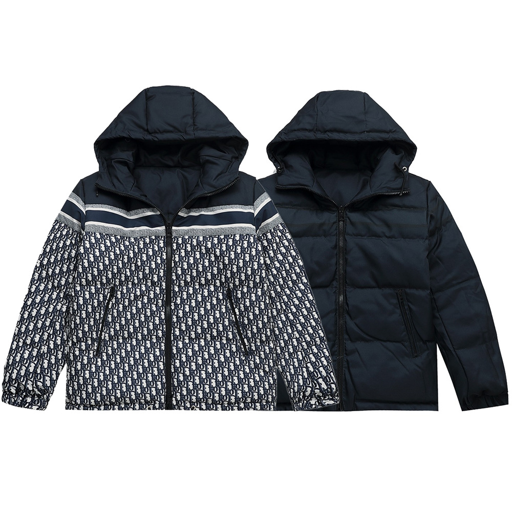 Cross-border American trendy brand DI unisex hooded jacket, classic houndstooth reversible down jacket, European style, affordable alternative.