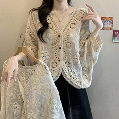 2025年の春夏の新型の洋気vネックの切り花の透かし彫りのカーディガンのレースのブラウスの長袖の韓国版のゆったりしている日焼け止めの服
