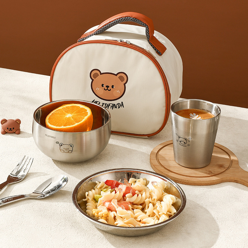 304 Stainless Steel Outdoor Picnic Tableware Set Cartoon Bowl Plate Cup Fork Spoon Portable Five-Piece Gift Set
