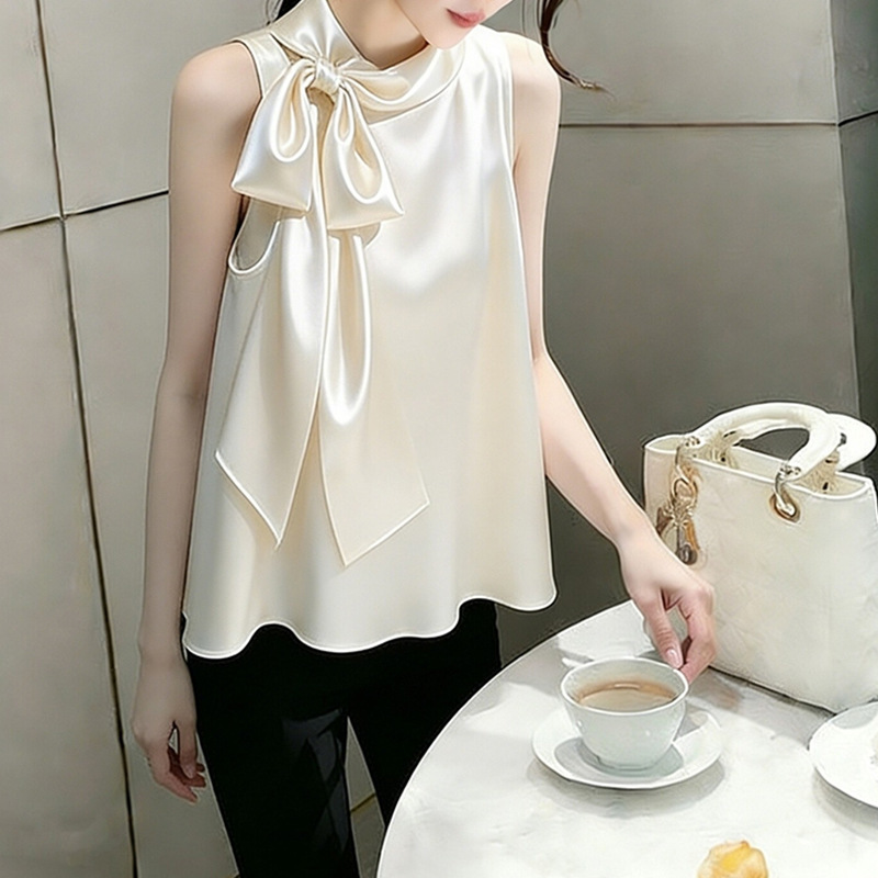 Elegant and Sophisticated Champagne Satin Shirt for Important Occasions, 2026 Spring New French Style Sleeveless Top