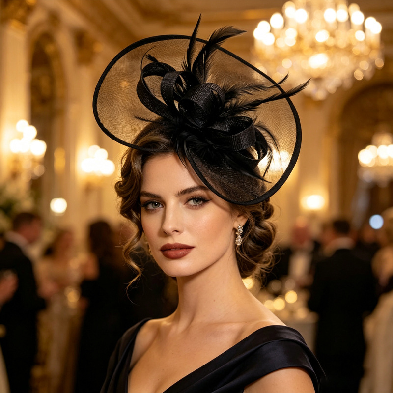 Halloween Dance Party Mesh Feather Headpiece Vintage Bride Flower Hat Holiday Party Hair Accessory for Women Halloween