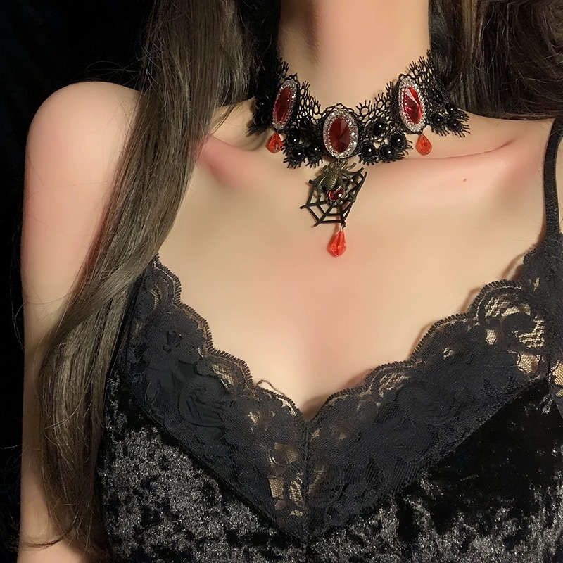 Collana di Halloween, ragnatela femminile, catena per clavicola, cinturino, girocollo, design di nicchia, cinturino per collo in rubino_voghion.com