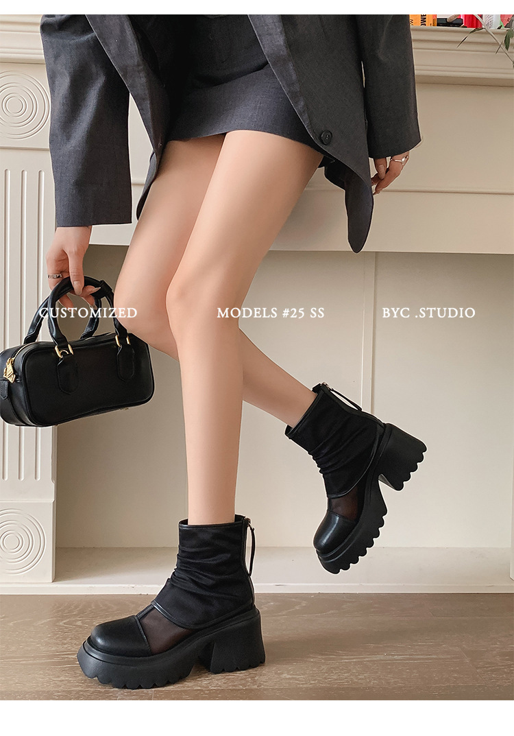 Boot lưới nữ cao gót 8cm đế dày phong cách Martin — Màu đen, Màu trắng chi tiết 21