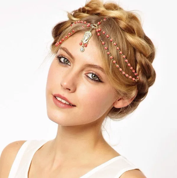 European and American cross-border jewelry vintage Crown rhinestone acrylic wooden beads elegant hair accessories hair chain headdress hair chain hair band