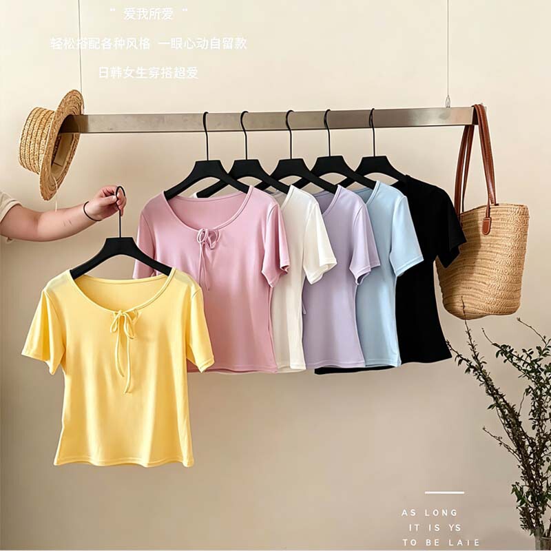 Lyocell Drawstring Short-Sleeve Base Shirt for Women, Summer Loose Round-Neck Casual T-Shirt, Plus-Size Slimming Cool Home Top Lyocell Drawstring Short-Sleeve Base Shirt for Women, Summer Loose Round-Neck Casual T-Shirt, Plus-Size Slimming Cool Home Top