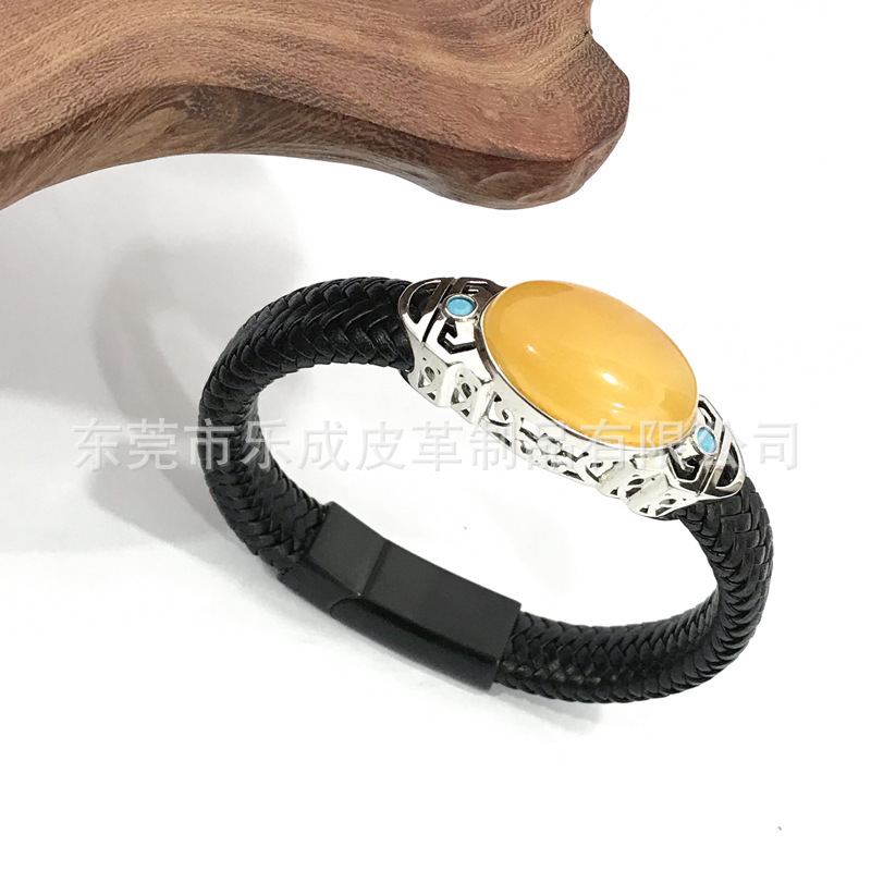 High quality natural beeswax S925 silver accessories genuine leather bracelet eco-friendly resin beads cowhide bracelet factory wholesale