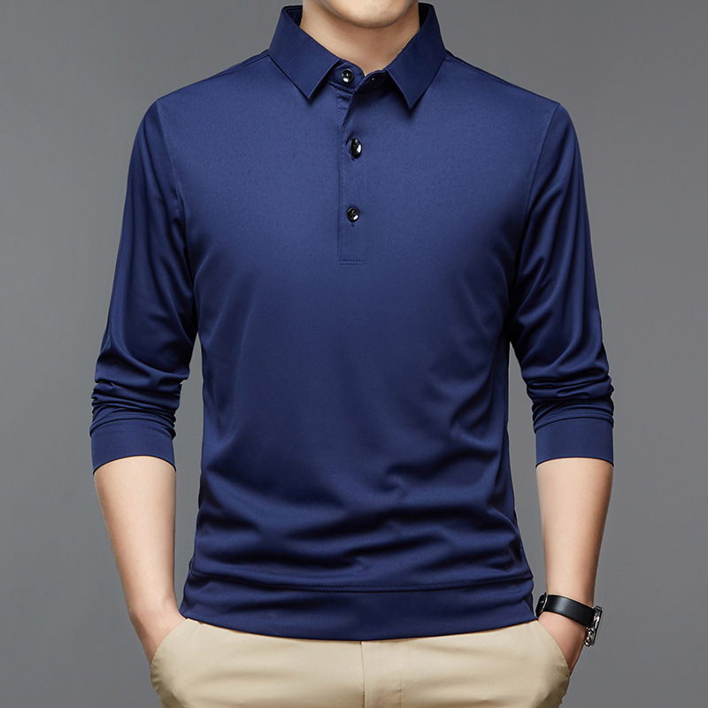 Solid Color Polo Shirt Long Sleeve Single-Sided Thin Turn-Down Collar Base Shirt for Middle-Aged and Elderly Men Cross-Border Foreign Trade T-Shirt