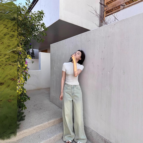 Summer High-Grade Light Wash Slimming Straight Wide-Leg Floor-Length Denim Pants